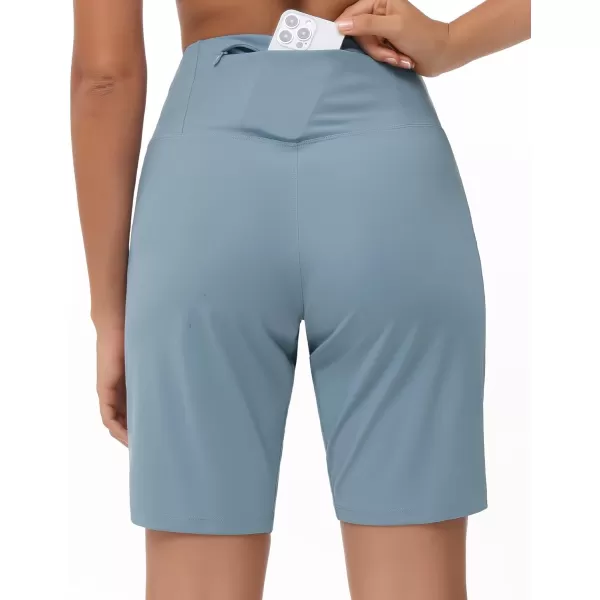 THE GYM PEOPLE Womens High Waisted Bermuda Workout Shorts Long Hiking Running Shorts with Zipper PocketsDenim Blue