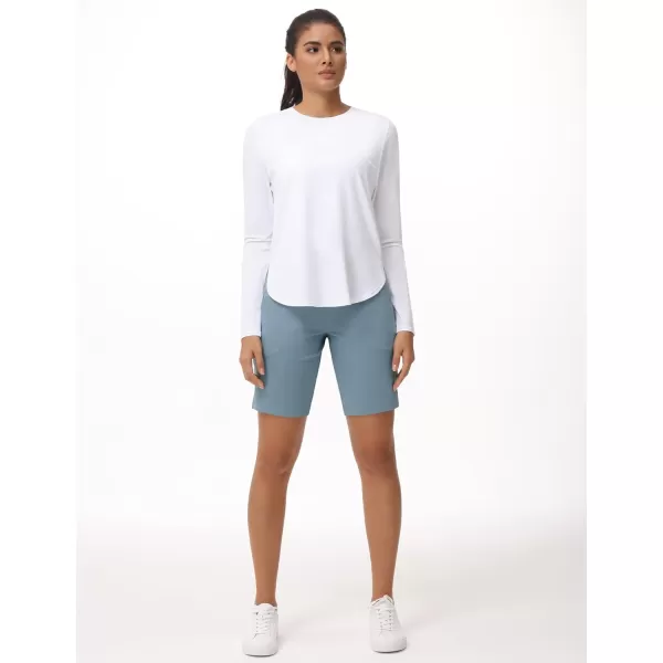 THE GYM PEOPLE Womens High Waisted Bermuda Workout Shorts Long Hiking Running Shorts with Zipper PocketsDenim Blue