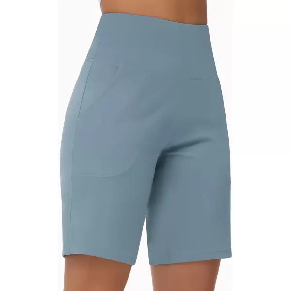 THE GYM PEOPLE Womens High Waisted Bermuda Workout Shorts Long Hiking Running Shorts with Zipper PocketsDenim Blue
