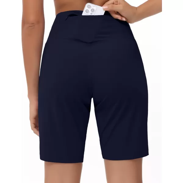 THE GYM PEOPLE Womens High Waisted Bermuda Workout Shorts Long Hiking Running Shorts with Zipper PocketsNavy Blue
