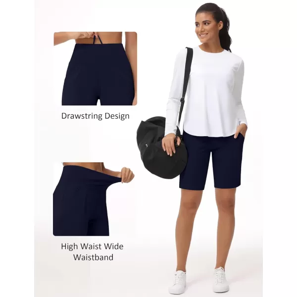 THE GYM PEOPLE Womens High Waisted Bermuda Workout Shorts Long Hiking Running Shorts with Zipper PocketsNavy Blue