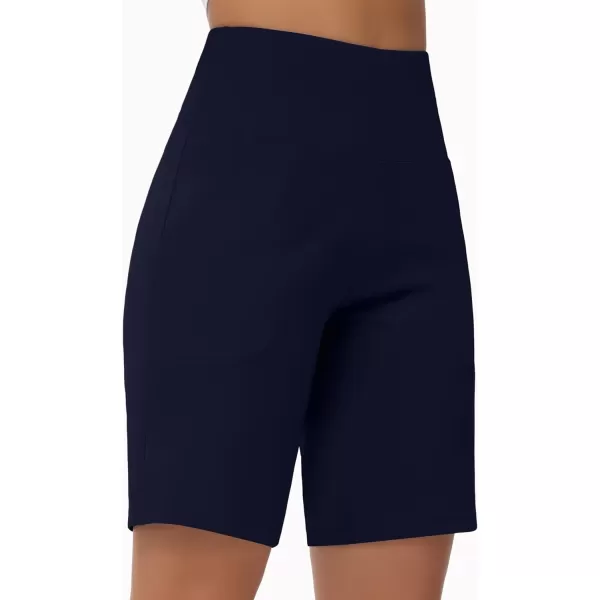 THE GYM PEOPLE Womens High Waisted Bermuda Workout Shorts Long Hiking Running Shorts with Zipper PocketsNavy Blue