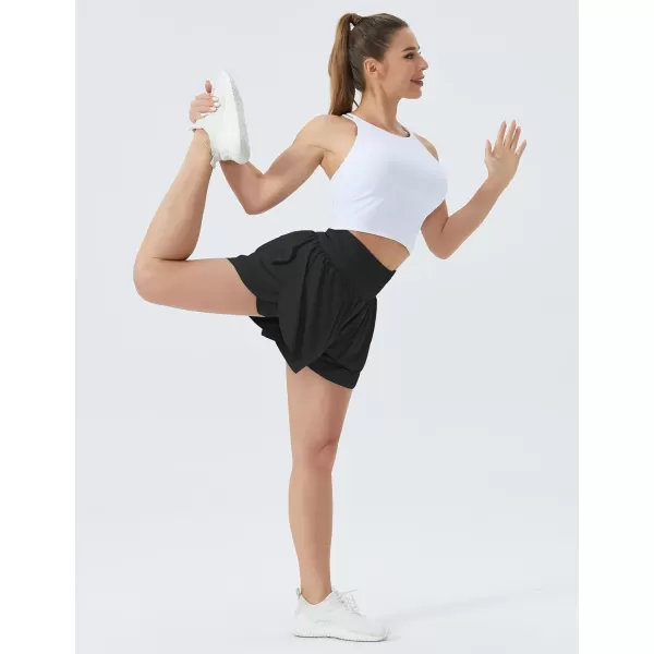 THE GYM PEOPLE Womens High Waisted Flowy Running Shorts Butterfly 2 in 1 Athletic Workout Skirt ShortsBlack