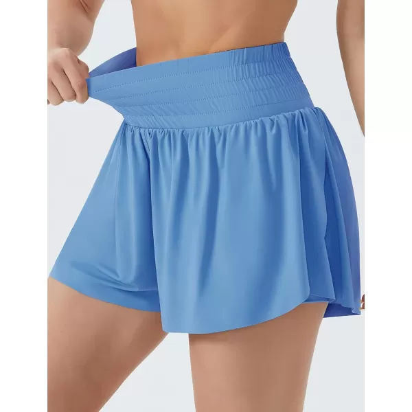THE GYM PEOPLE Womens High Waisted Flowy Running Shorts Butterfly 2 in 1 Athletic Workout Skirt ShortsLight Blue