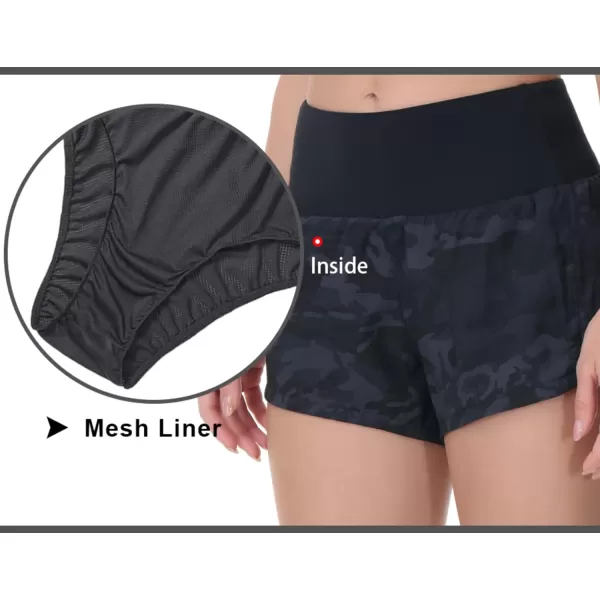 THE GYM PEOPLE Womens High Waisted Running Shorts Quick Dry Athletic Workout Shorts with Mesh Liner Zipper PocketsBlack Grey Camo
