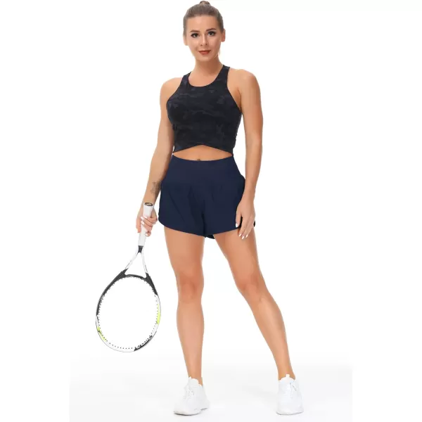 THE GYM PEOPLE Womens High Waisted Running Shorts Quick Dry Athletic Workout Shorts with Mesh Liner Zipper PocketsBlue
