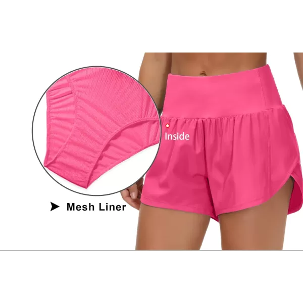 THE GYM PEOPLE Womens High Waisted Running Shorts Quick Dry Athletic Workout Shorts with Mesh Liner Zipper PocketsBright Pink