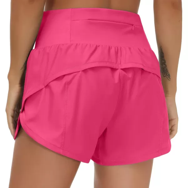 THE GYM PEOPLE Womens High Waisted Running Shorts Quick Dry Athletic Workout Shorts with Mesh Liner Zipper PocketsBright Pink