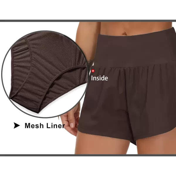 THE GYM PEOPLE Womens High Waisted Running Shorts Quick Dry Athletic Workout Shorts with Mesh Liner Zipper PocketsBrown
