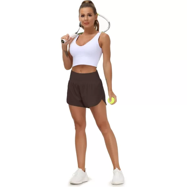 THE GYM PEOPLE Womens High Waisted Running Shorts Quick Dry Athletic Workout Shorts with Mesh Liner Zipper PocketsBrown
