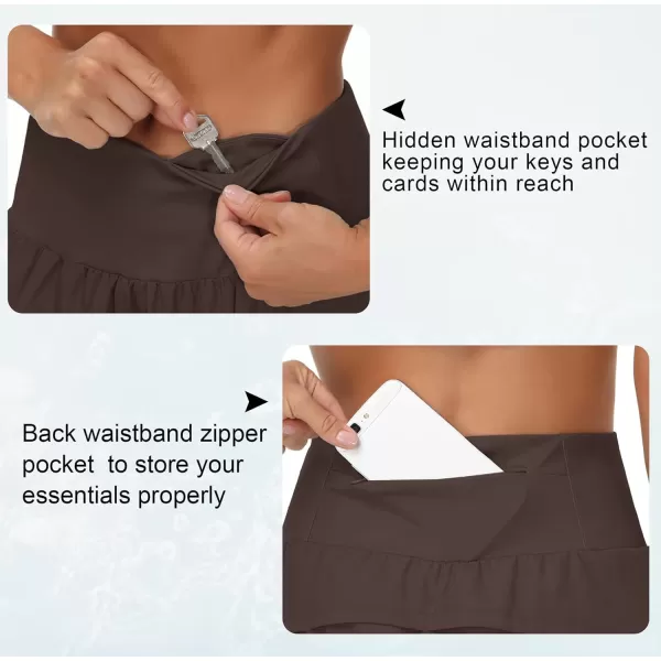 THE GYM PEOPLE Womens High Waisted Running Shorts Quick Dry Athletic Workout Shorts with Mesh Liner Zipper PocketsBrown