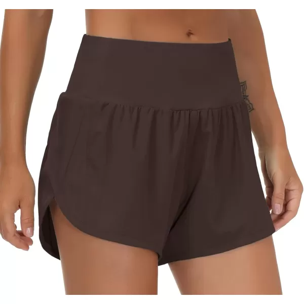 THE GYM PEOPLE Womens High Waisted Running Shorts Quick Dry Athletic Workout Shorts with Mesh Liner Zipper PocketsBrown