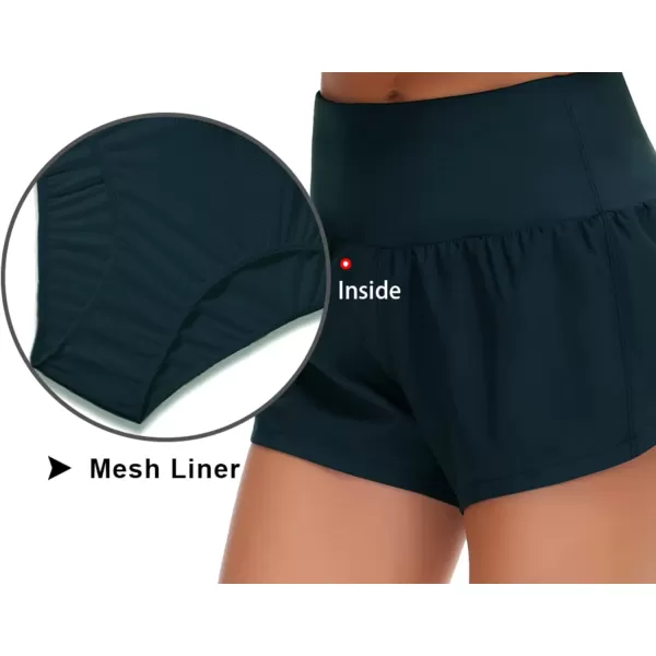 THE GYM PEOPLE Womens High Waisted Running Shorts Quick Dry Athletic Workout Shorts with Mesh Liner Zipper PocketsDark Blue Green