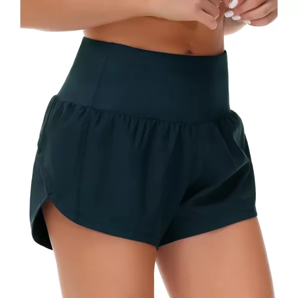 THE GYM PEOPLE Womens High Waisted Running Shorts Quick Dry Athletic Workout Shorts with Mesh Liner Zipper PocketsDark Blue Green