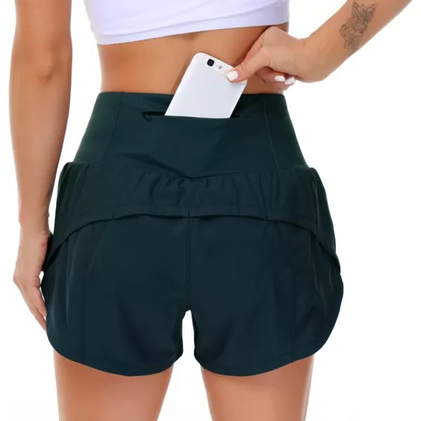 THE GYM PEOPLE Womens High Waisted Running Shorts Quick Dry Athletic Workout Shorts with Mesh Liner Zipper PocketsDark Blue Green