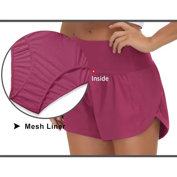 THE GYM PEOPLE Womens High Waisted Running Shorts Quick Dry Athletic Workout Shorts with Mesh Liner Zipper PocketsFuchsia
