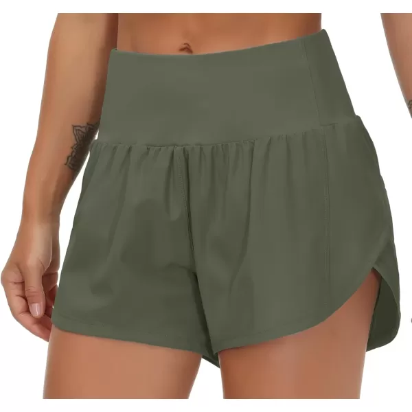 THE GYM PEOPLE Womens High Waisted Running Shorts Quick Dry Athletic Workout Shorts with Mesh Liner Zipper PocketsOlive Green