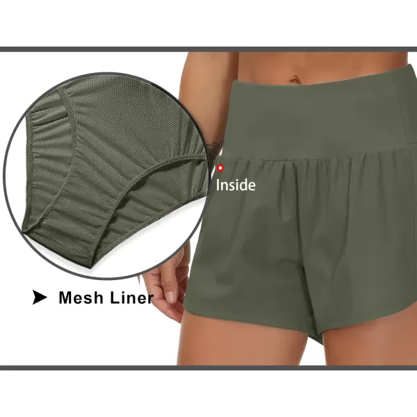 THE GYM PEOPLE Womens High Waisted Running Shorts Quick Dry Athletic Workout Shorts with Mesh Liner Zipper PocketsOlive Green