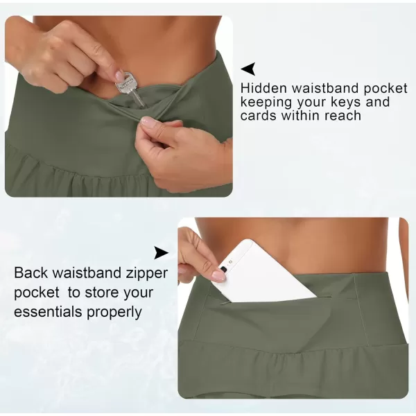 THE GYM PEOPLE Womens High Waisted Running Shorts Quick Dry Athletic Workout Shorts with Mesh Liner Zipper PocketsOlive Green