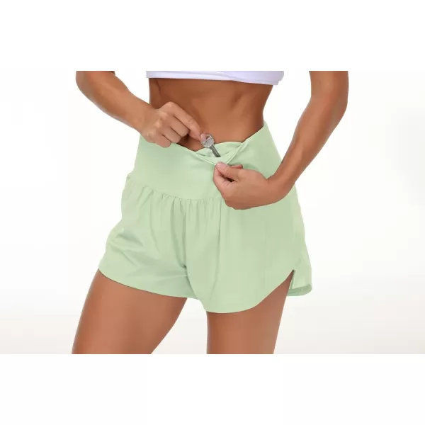 THE GYM PEOPLE Womens High Waisted Running Shorts Quick Dry Athletic Workout Shorts with Mesh Liner Zipper PocketsPale Green