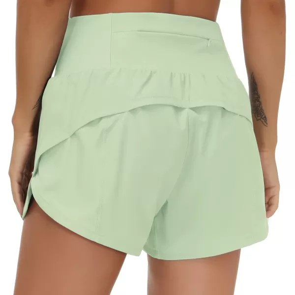 THE GYM PEOPLE Womens High Waisted Running Shorts Quick Dry Athletic Workout Shorts with Mesh Liner Zipper PocketsPale Green