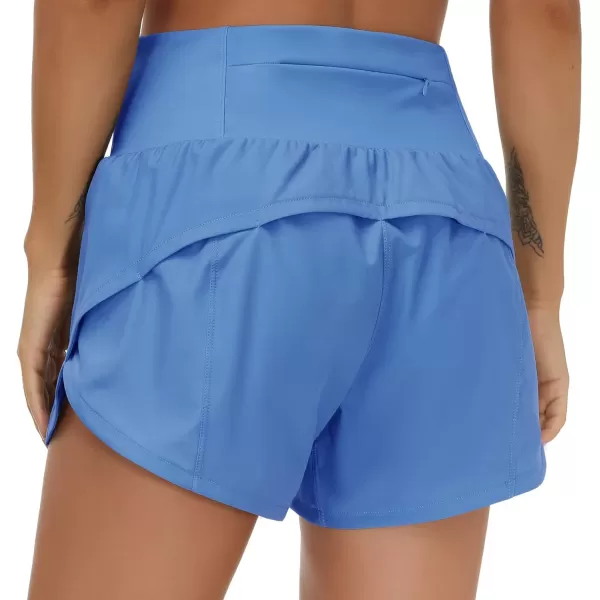 THE GYM PEOPLE Womens High Waisted Running Shorts Quick Dry Athletic Workout Shorts with Mesh Liner Zipper PocketsSea Blue
