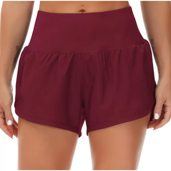 THE GYM PEOPLE Womens High Waisted Running Shorts Quick Dry Athletic Workout Shorts with Mesh Liner Zipper PocketsWine Red