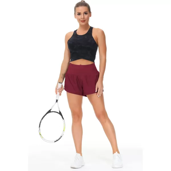 THE GYM PEOPLE Womens High Waisted Running Shorts Quick Dry Athletic Workout Shorts with Mesh Liner Zipper PocketsWine Red