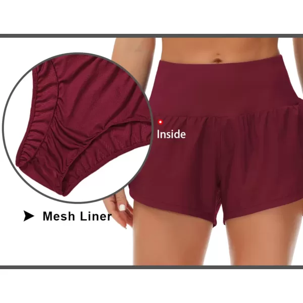 THE GYM PEOPLE Womens High Waisted Running Shorts Quick Dry Athletic Workout Shorts with Mesh Liner Zipper PocketsWine Red