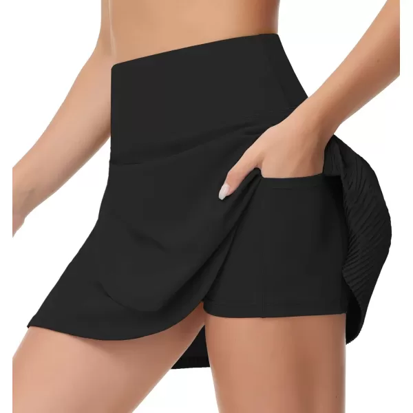 THE GYM PEOPLE Womens High Waisted Tennis Skirts Crossover Hemline Back Pleated Golf Skorts with Inner ShortsBlack