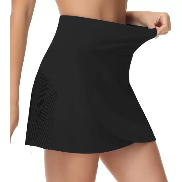 THE GYM PEOPLE Womens High Waisted Tennis Skirts Crossover Hemline Back Pleated Golf Skorts with Inner ShortsBlack
