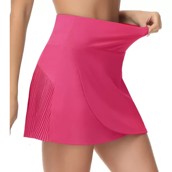 THE GYM PEOPLE Womens High Waisted Tennis Skirts Crossover Hemline Back Pleated Golf Skorts with Inner ShortsBright Pink