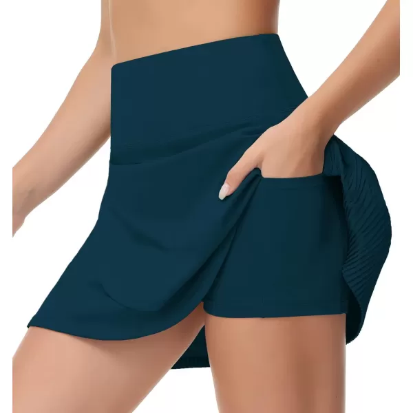 THE GYM PEOPLE Womens High Waisted Tennis Skirts Crossover Hemline Back Pleated Golf Skorts with Inner ShortsDark Blue Green