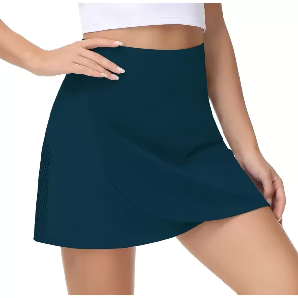 THE GYM PEOPLE Womens High Waisted Tennis Skirts Crossover Hemline Back Pleated Golf Skorts with Inner ShortsDark Blue Green