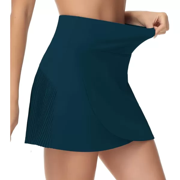 THE GYM PEOPLE Womens High Waisted Tennis Skirts Crossover Hemline Back Pleated Golf Skorts with Inner ShortsDark Blue Green