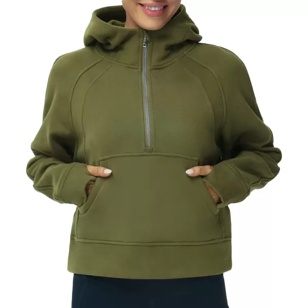 THE GYM PEOPLE Womens Hoodies Half Zip Long Sleeve Fleece Crop Pullover Sweatshirts with Pockets Thumb HoleArmy Green
