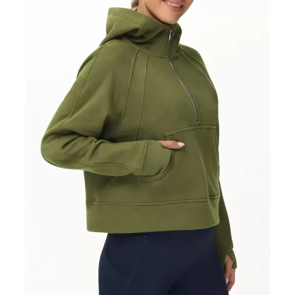 THE GYM PEOPLE Womens Hoodies Half Zip Long Sleeve Fleece Crop Pullover Sweatshirts with Pockets Thumb HoleArmy Green