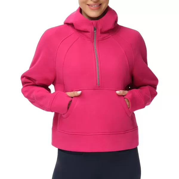 THE GYM PEOPLE Womens Hoodies Half Zip Long Sleeve Fleece Crop Pullover Sweatshirts with Pockets Thumb HoleBright Pink