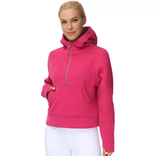 THE GYM PEOPLE Womens Hoodies Half Zip Long Sleeve Fleece Crop Pullover Sweatshirts with Pockets Thumb HoleBright Pink