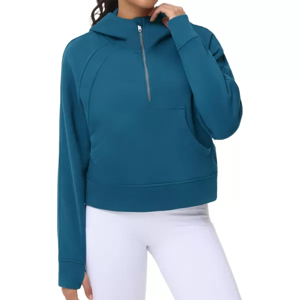 THE GYM PEOPLE Womens Hoodies Half Zip Long Sleeve Fleece Crop Pullover Sweatshirts with Pockets Thumb HoleDark Blue Green