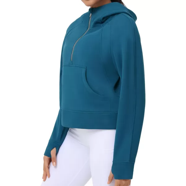 THE GYM PEOPLE Womens Hoodies Half Zip Long Sleeve Fleece Crop Pullover Sweatshirts with Pockets Thumb HoleDark Blue Green