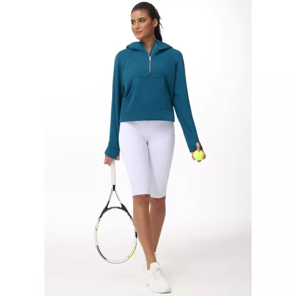 THE GYM PEOPLE Womens Hoodies Half Zip Long Sleeve Fleece Crop Pullover Sweatshirts with Pockets Thumb HoleDark Blue Green