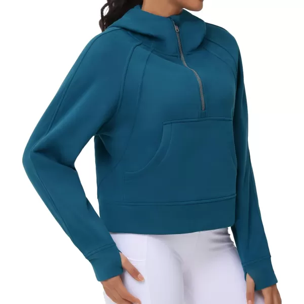 THE GYM PEOPLE Womens Hoodies Half Zip Long Sleeve Fleece Crop Pullover Sweatshirts with Pockets Thumb HoleDark Blue Green
