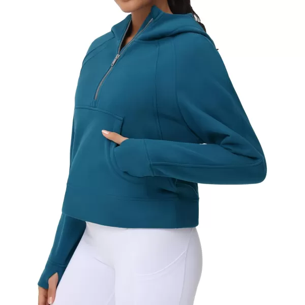 THE GYM PEOPLE Womens Hoodies Half Zip Long Sleeve Fleece Crop Pullover Sweatshirts with Pockets Thumb HoleDark Blue Green
