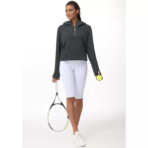THE GYM PEOPLE Womens Hoodies Half Zip Long Sleeve Fleece Crop Pullover Sweatshirts with Pockets Thumb HoleDark Grey
