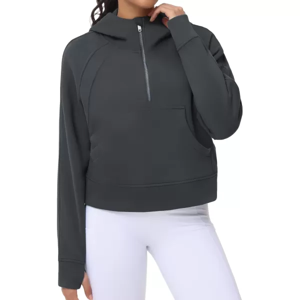 THE GYM PEOPLE Womens Hoodies Half Zip Long Sleeve Fleece Crop Pullover Sweatshirts with Pockets Thumb HoleDark Grey