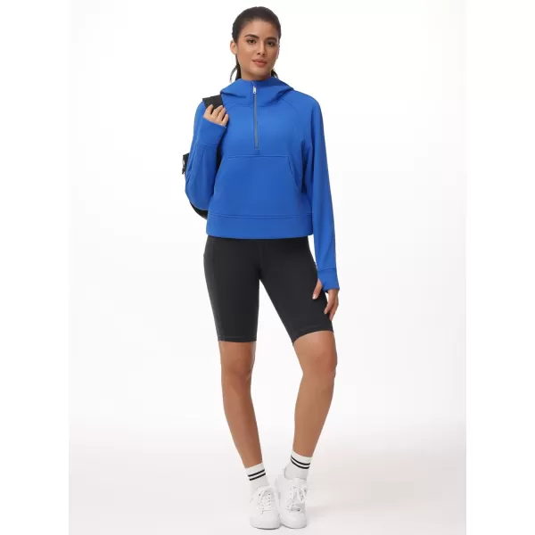 THE GYM PEOPLE Womens Hoodies Half Zip Long Sleeve Fleece Crop Pullover Sweatshirts with Pockets Thumb HoleSea Blue