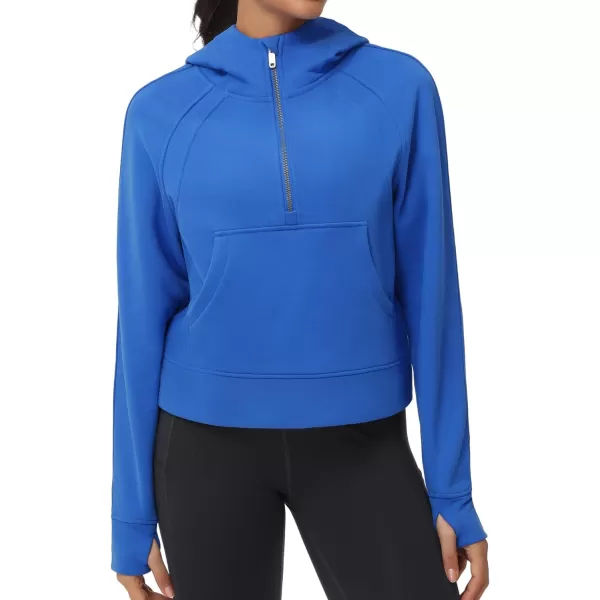 THE GYM PEOPLE Womens Hoodies Half Zip Long Sleeve Fleece Crop Pullover Sweatshirts with Pockets Thumb HoleSea Blue