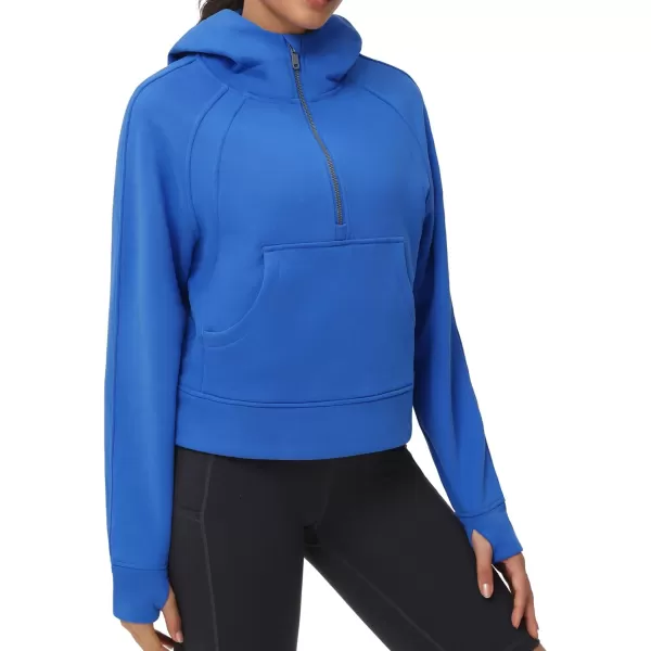 THE GYM PEOPLE Womens Hoodies Half Zip Long Sleeve Fleece Crop Pullover Sweatshirts with Pockets Thumb HoleSea Blue