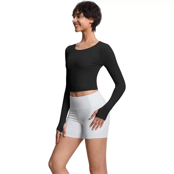 THE GYM PEOPLE Womens Long Sleeve Crop Tops Ribbed Ice Silk Slim Workout Shirts with Thumb HoleBlack
